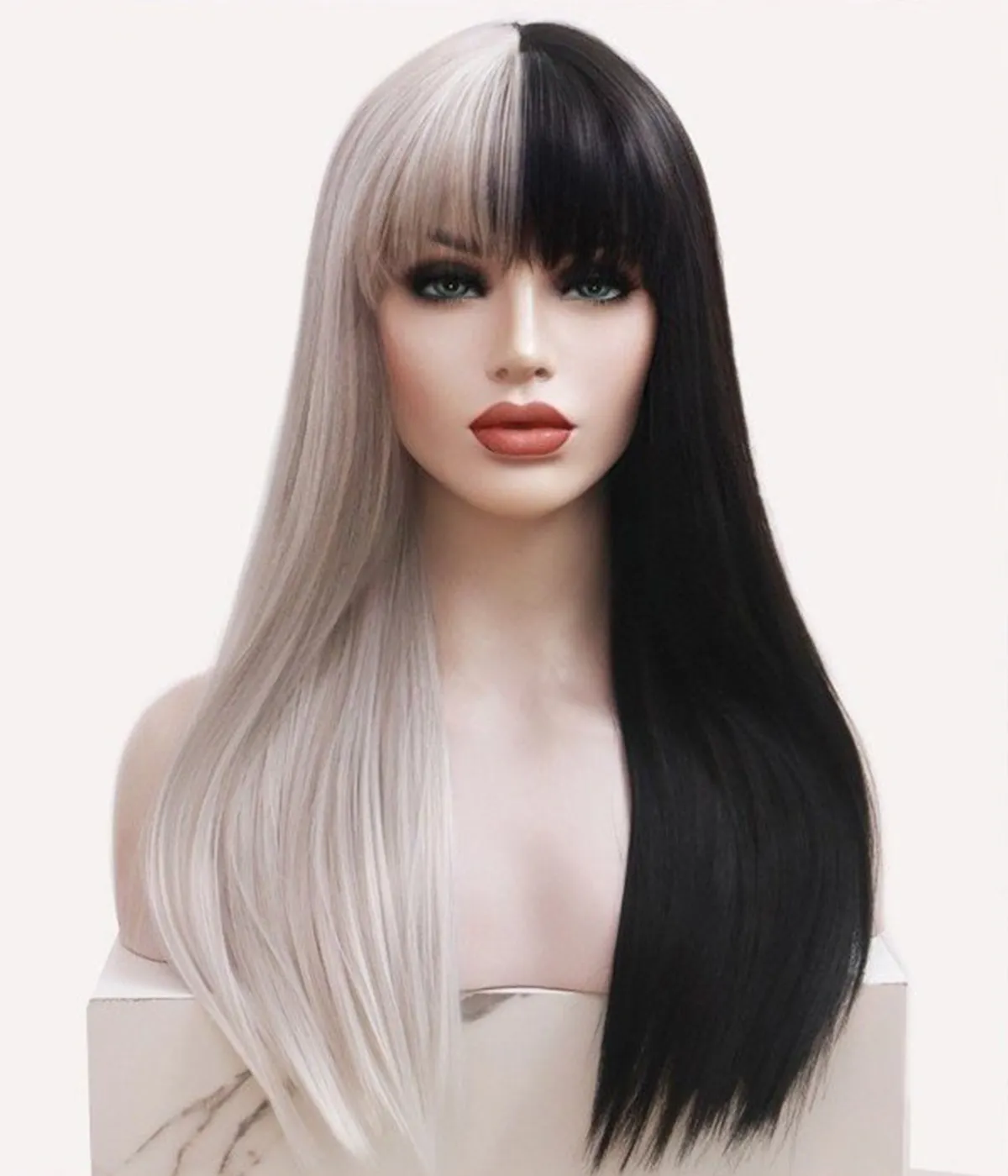 Hard Front Half Silver and Half Black Long Straight Synthetic Wig 2